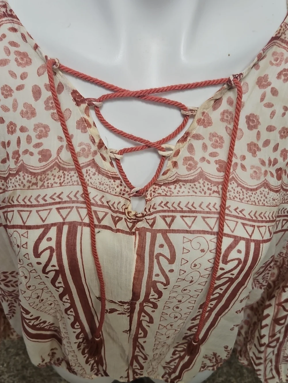 Free People Boho Lace-Up Peasant Top in Rust and Cream